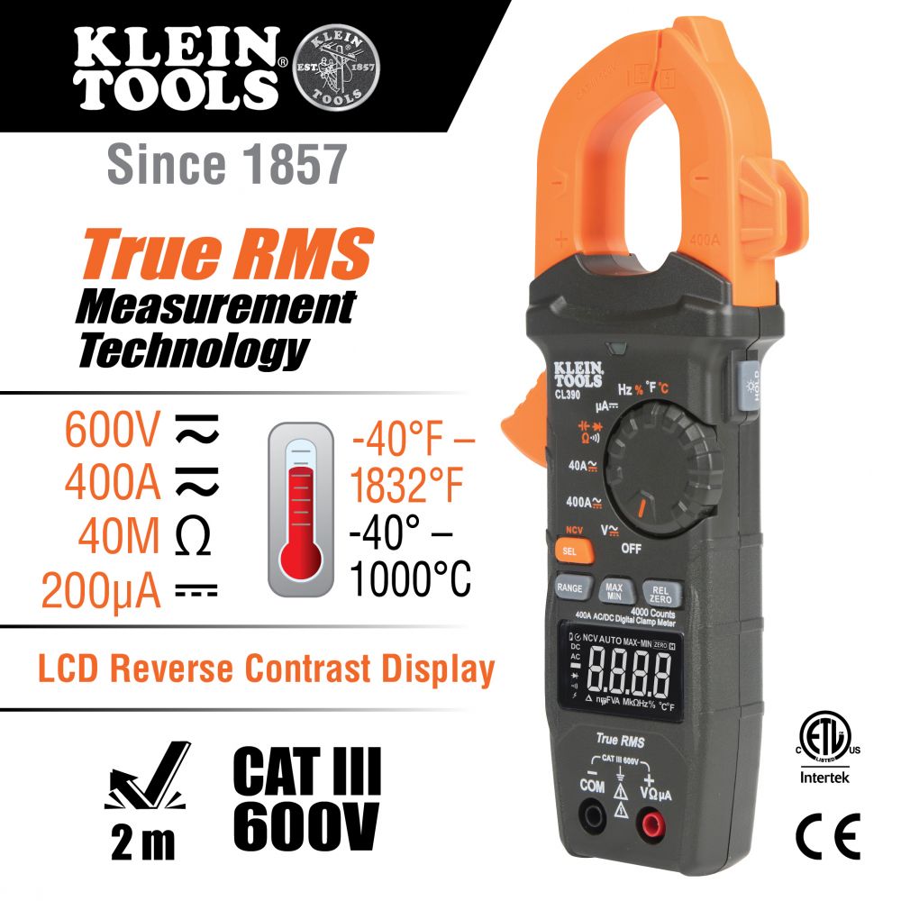 Klein Tools CL390 AC/DC Digital Clamp Meter, Auto-Ranging 400 Amp - Edmondson Supply