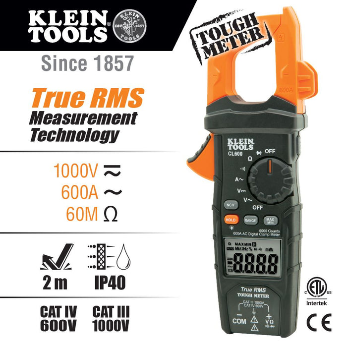 Klein Tools CL600 Digital Clamp Meter, True RMS, AC Auto-Ranging, 600 Amps - Edmondson Supply