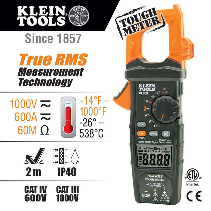 Klein Tools CL800 Digital Clamp Meter, AC/DC Auto-Ranging, 600A, TRMS - Edmondson Supply