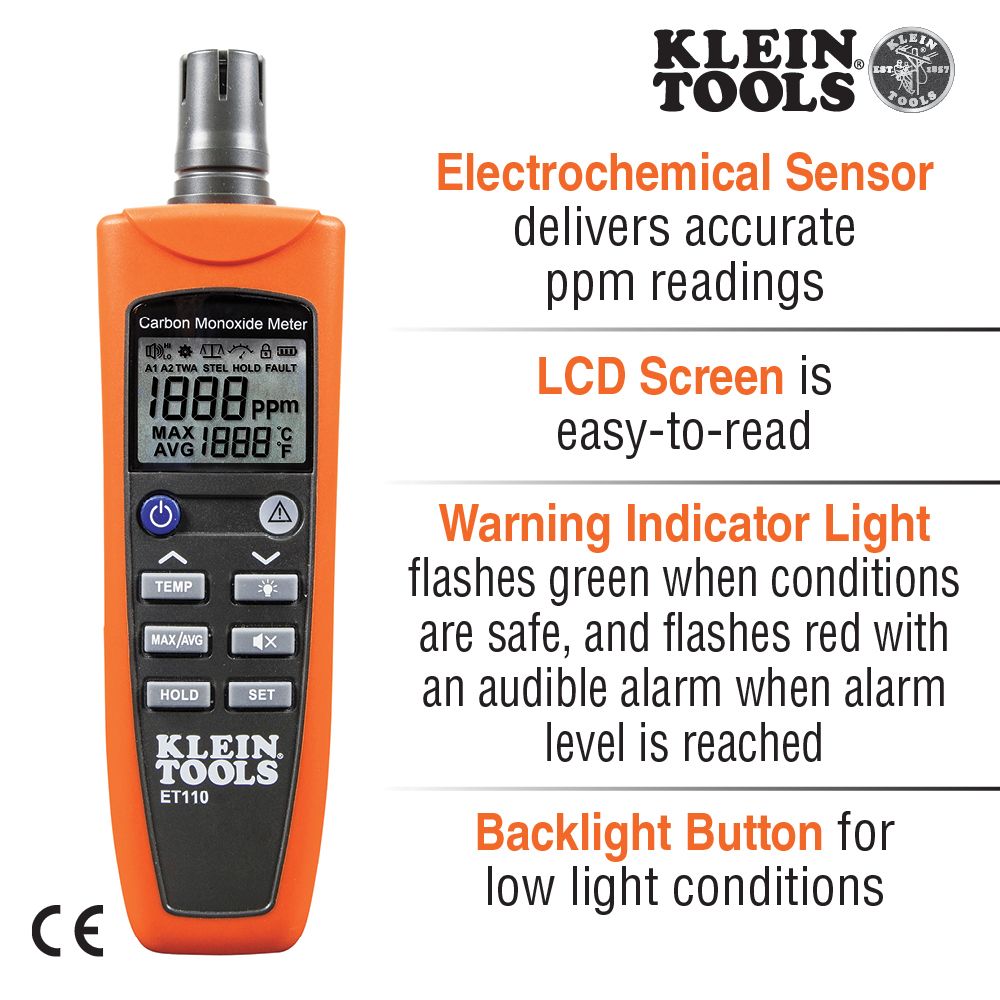 Klein Tools ET110 Carbon Monoxide Detector with Carry Pouch and Batteries - Edmondson Supply