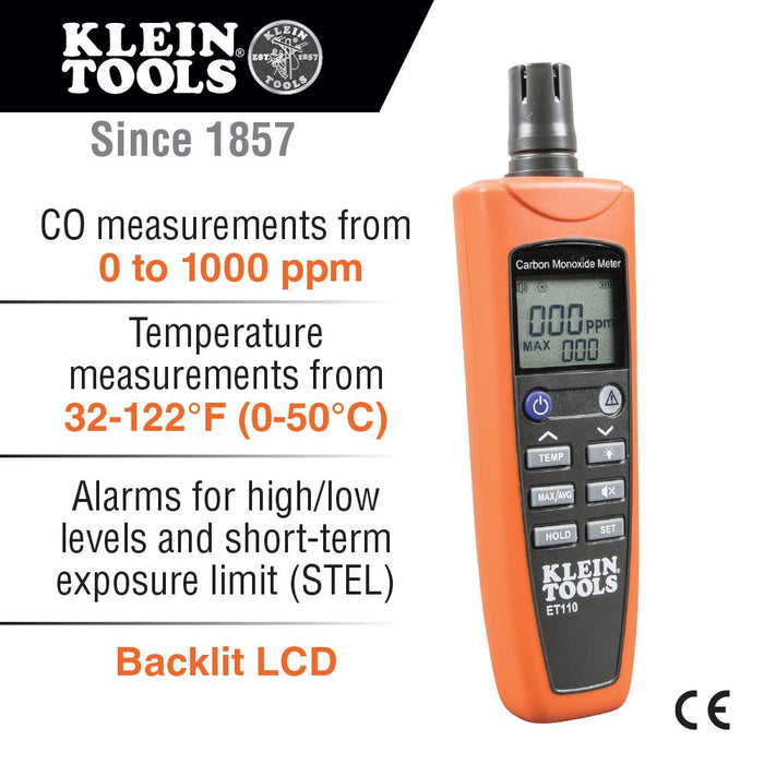 Klein Tools ET110 Carbon Monoxide Detector with Carry Pouch and Batteries - Edmondson Supply