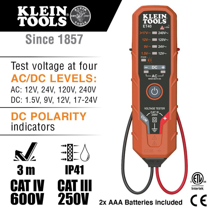 Klein Tools ET40 Electronic AC/DC Voltage Tester 12 to 240V AC, 1.5 to 24V DC - Edmondson Supply