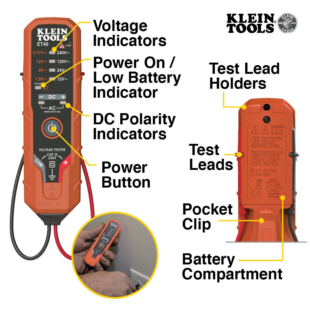 Klein Tools ET40 Electronic AC/DC Voltage Tester 12 to 240V AC, 1.5 to 24V DC - Edmondson Supply