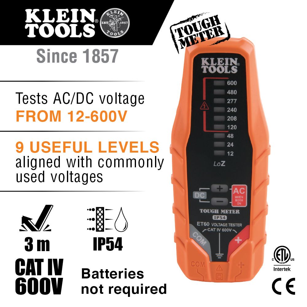 Klein Tools ET60 Electronic AC/DC Voltage Tester, 12 to 600V - Edmondson Supply