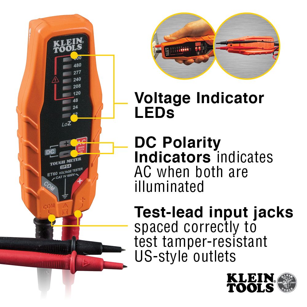 Klein Tools ET60 Electronic AC/DC Voltage Tester, 12 to 600V - Edmondson Supply