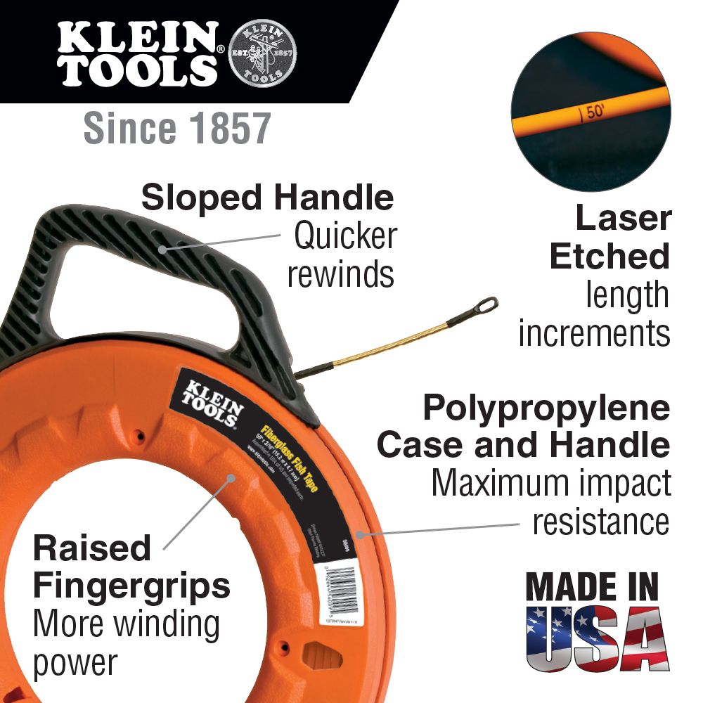 Klein Tools 56014 Fiberglass Fish Tape with Spiral Leader, 200-Foot - Edmondson Supply