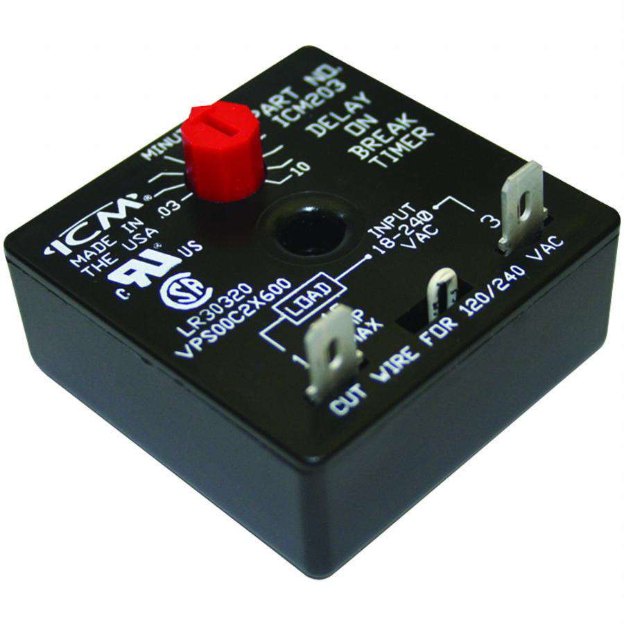 ICM Controls ICM203 Delay on Break Timer with .03-10 Minute Adjustable Time Delay, Universal 18-240 VAC - Edmondson Supply