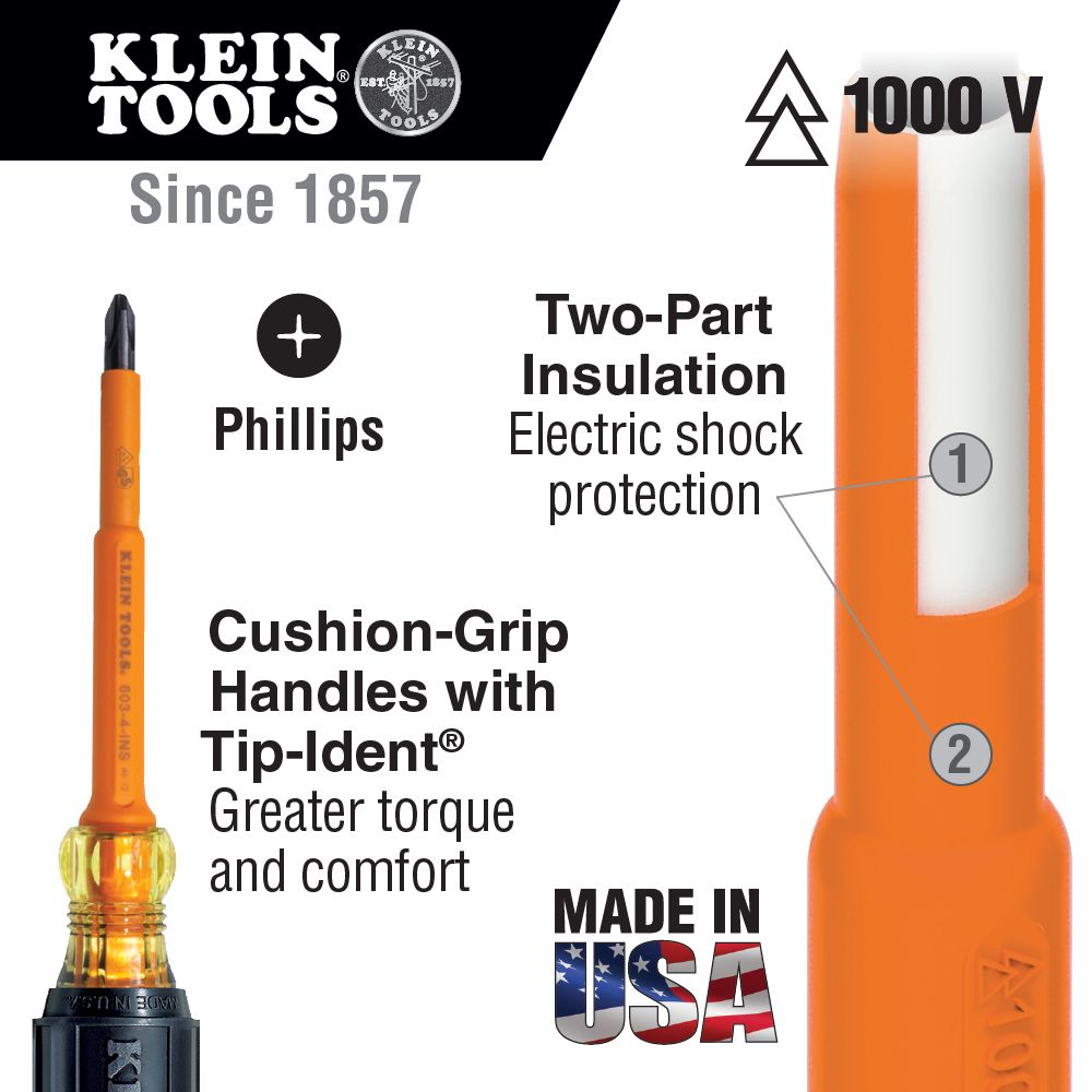 Klein Tools 33532-INS Screwdriver Set, 1000V Insulated Slotted and Phillips, 2-Piece - Edmondson Supply