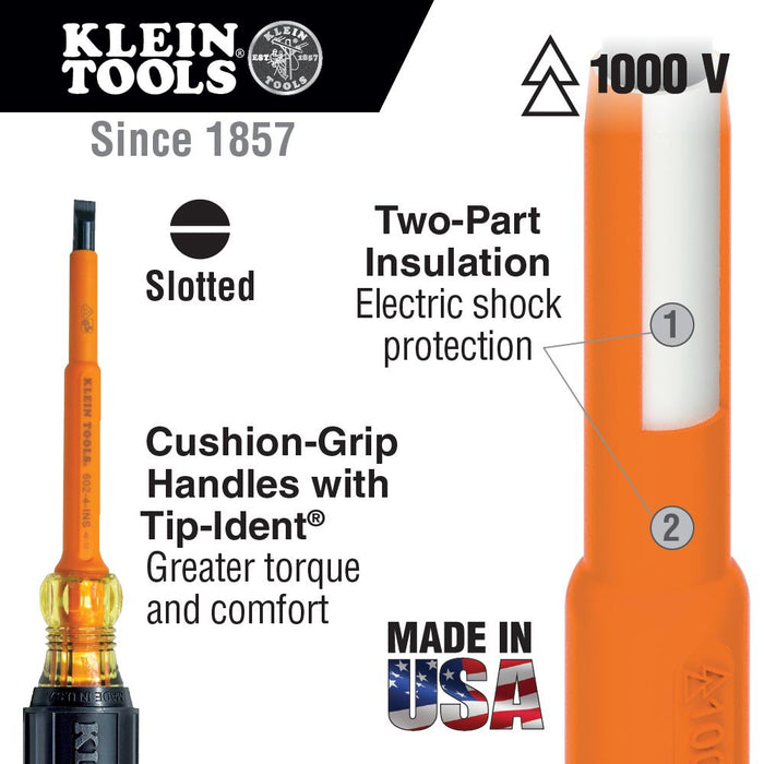 Klein Tools 602-4-INS 1/4-Inch Cabinet Tip Insulated Screwdriver, 4-Inch - Edmondson Supply