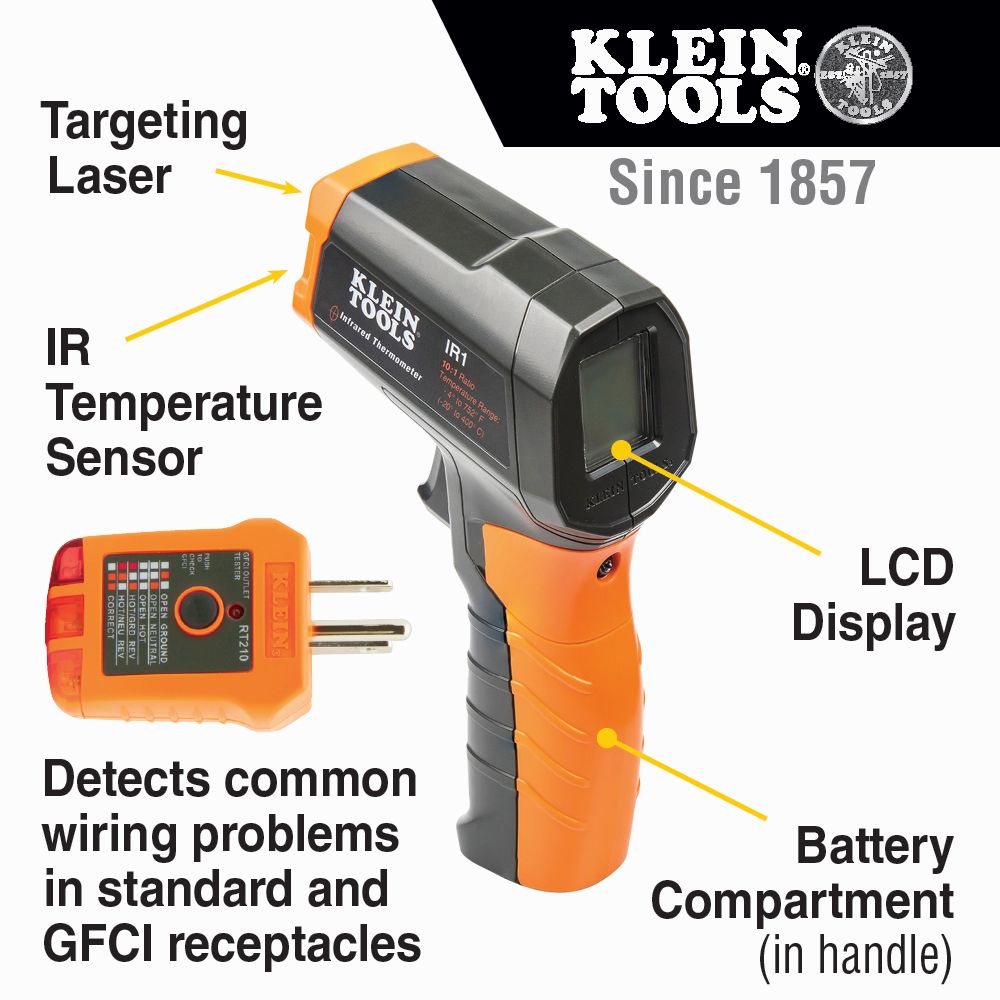 Klein Tools IR1KIT Infrared Thermometer with GFCI Receptacle Tester - Edmondson Supply