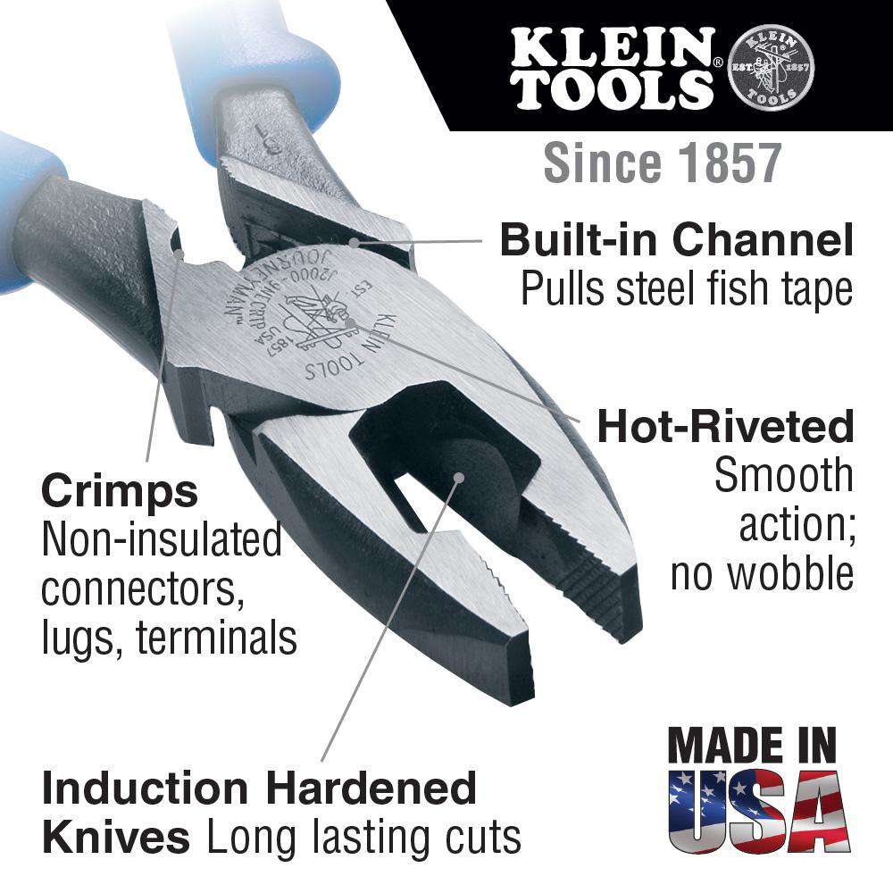 Klein Tools J2000-9NECRTP Lineman's Pliers, Fish Tape Pull/Crimping, 9-Inch - Edmondson Supply
