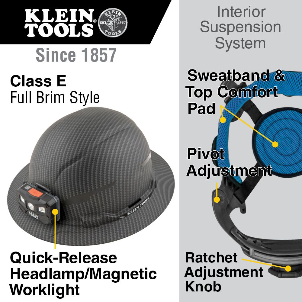 Klein Tools 60346 Hard Hat, Premium KARBN™ Pattern, Non-Vented Full Brim, Class E, Lamp - Edmondson Supply