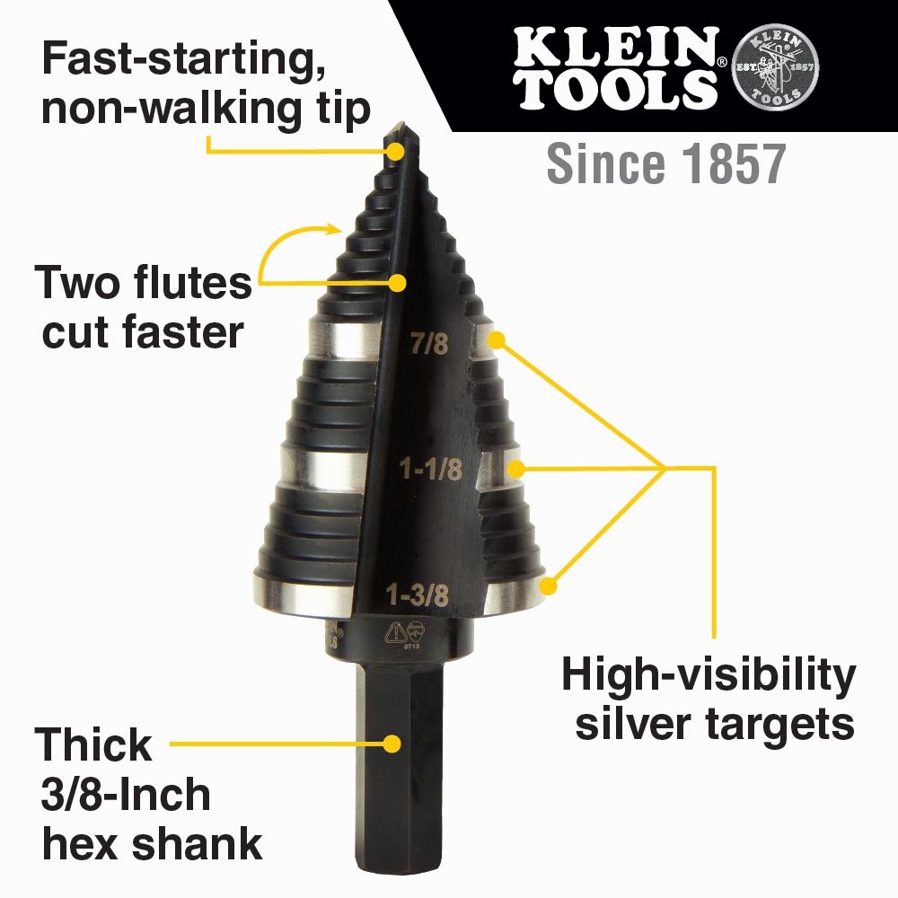 Klein Tools KTSB03 Step Drill Bit Double Fluted #3, 1/4 to 3/4-Inch - Edmondson Supply