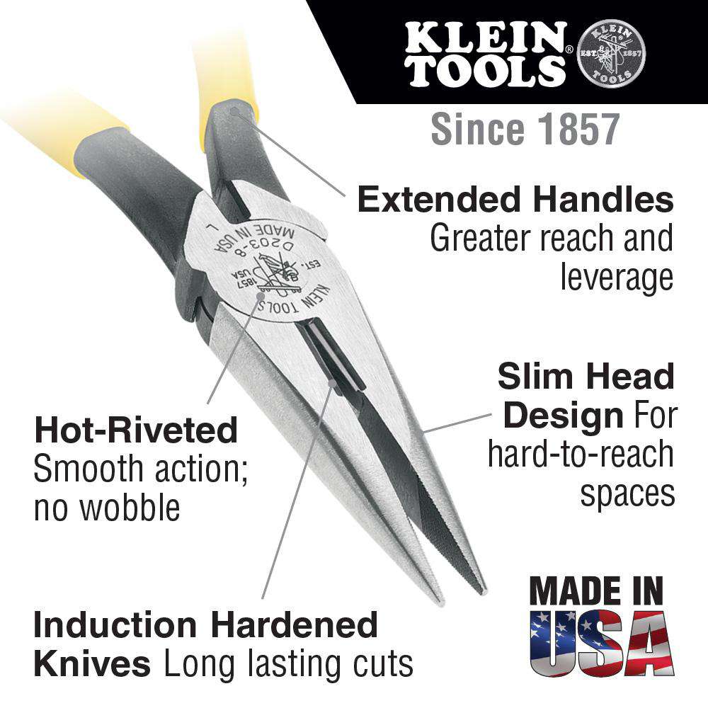 Klein Tools D203-8-GLW Pliers, Long Nose Side-Cutters, Hi-Viz, 8-Inch - Edmondson Supply
