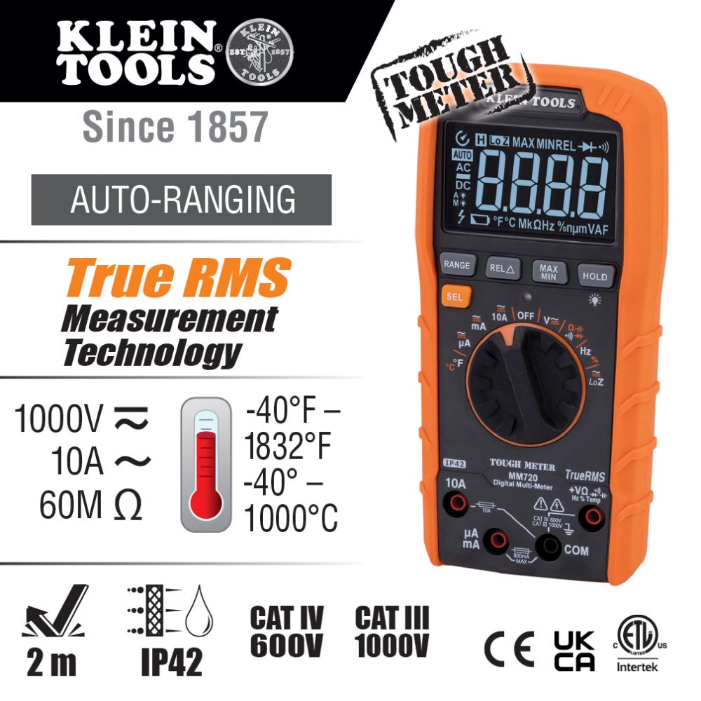 Klein Tools MM720 Digital Multimeter, TRMS Auto-Ranging, 1000V, Temp, Low Impedance - Edmondson Supply