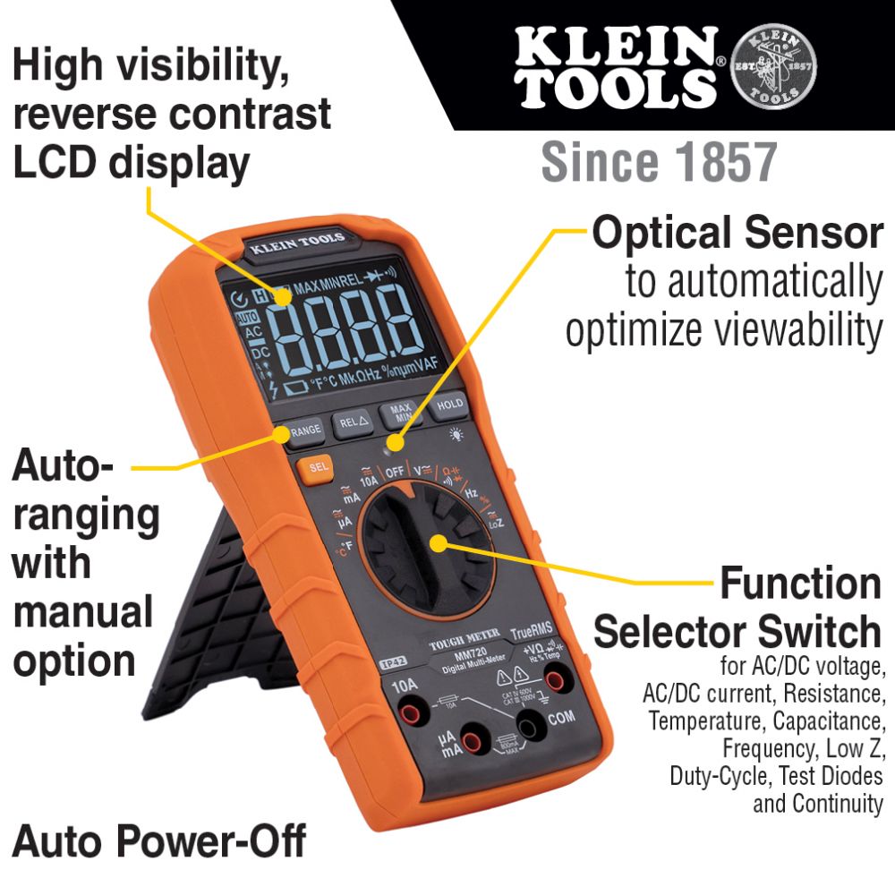 Klein Tools MM720 Digital Multimeter, TRMS Auto-Ranging, 1000V, Temp, Low Impedance - Edmondson Supply