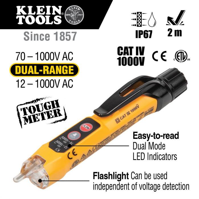 Klein Tools NCVT-3P Dual Range Non-Contact Voltage Tester with Flashlight, 12 - 1000V AC - Edmondson Supply