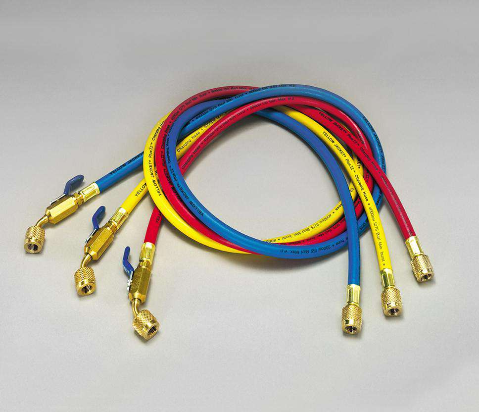 Yellow Jacket 42201 Series 41 Manifold with 60″ PLUS II™ hose, compact ball valve fittings, psi, R22/404A/410A, °F - Edmondson Supply