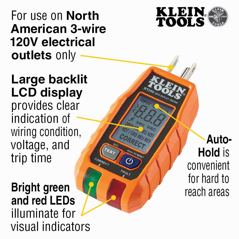 Klein Tools RT250 GFCI Receptacle Tester with LCD - Edmondson Supply