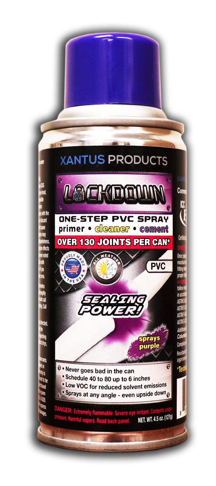 Xantus Products LD-04P Lockdown One-Step PVC Spray Primer/Cleaner/Cement, Purple, 4.5 oz. Can - Edmondson Supply
