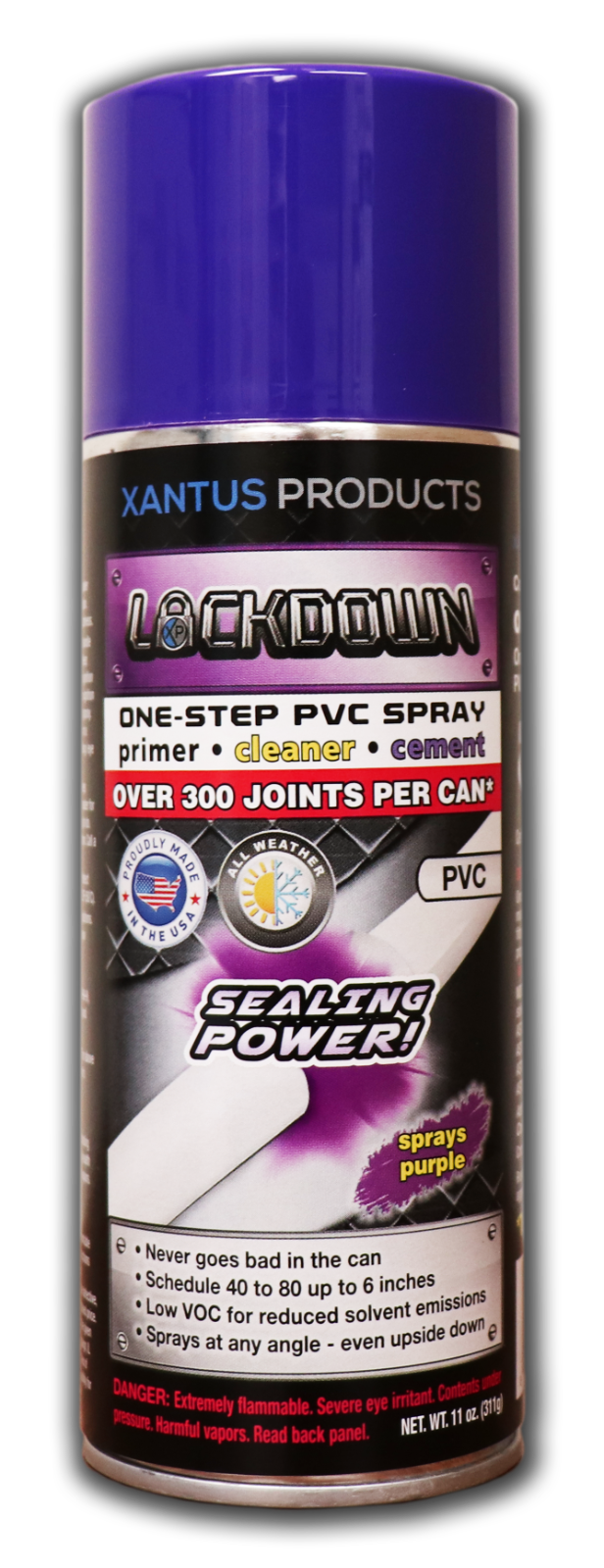 Xantus Products LD-11P Lockdown One-Step PVC Spray Primer/Cleaner/Cement, Purple, 11 oz. Can - Edmondson Supply