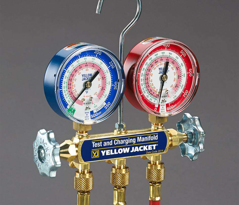 Yellow Jacket 42201 Series 41 Manifold with 60″ PLUS II™ hose, compact ball valve fittings, psi, R22/404A/410A, °F - Edmondson Supply
