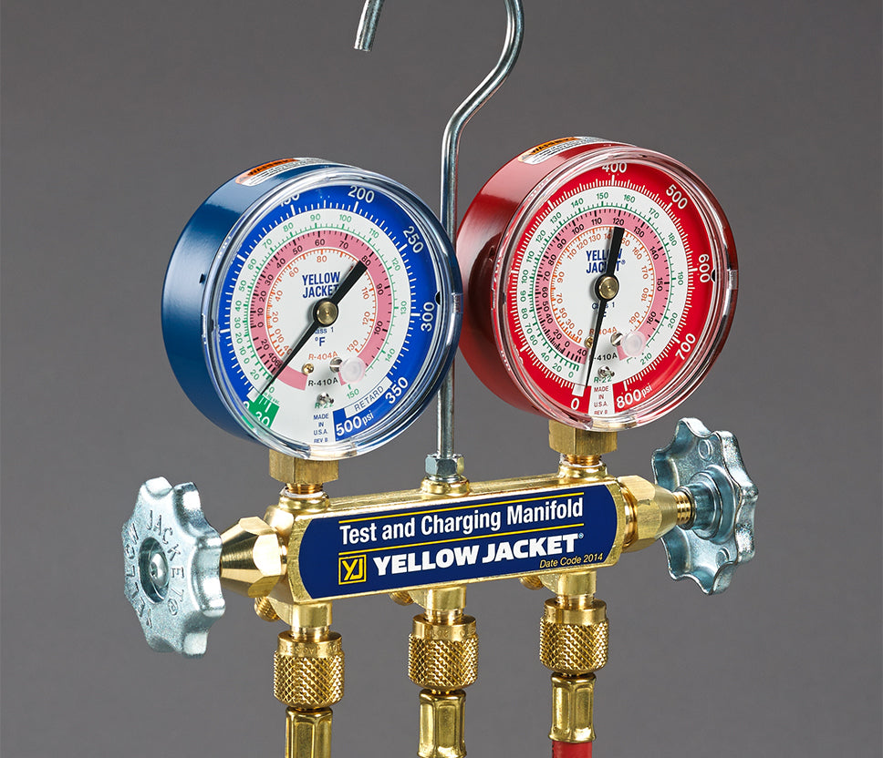 Yellow Jacket 41868 Series 41 Manifold with 24″ RYB REFFLEX® hose, standard fittings, bar/psi, R290/600A, °F and °C - Edmondson Supply