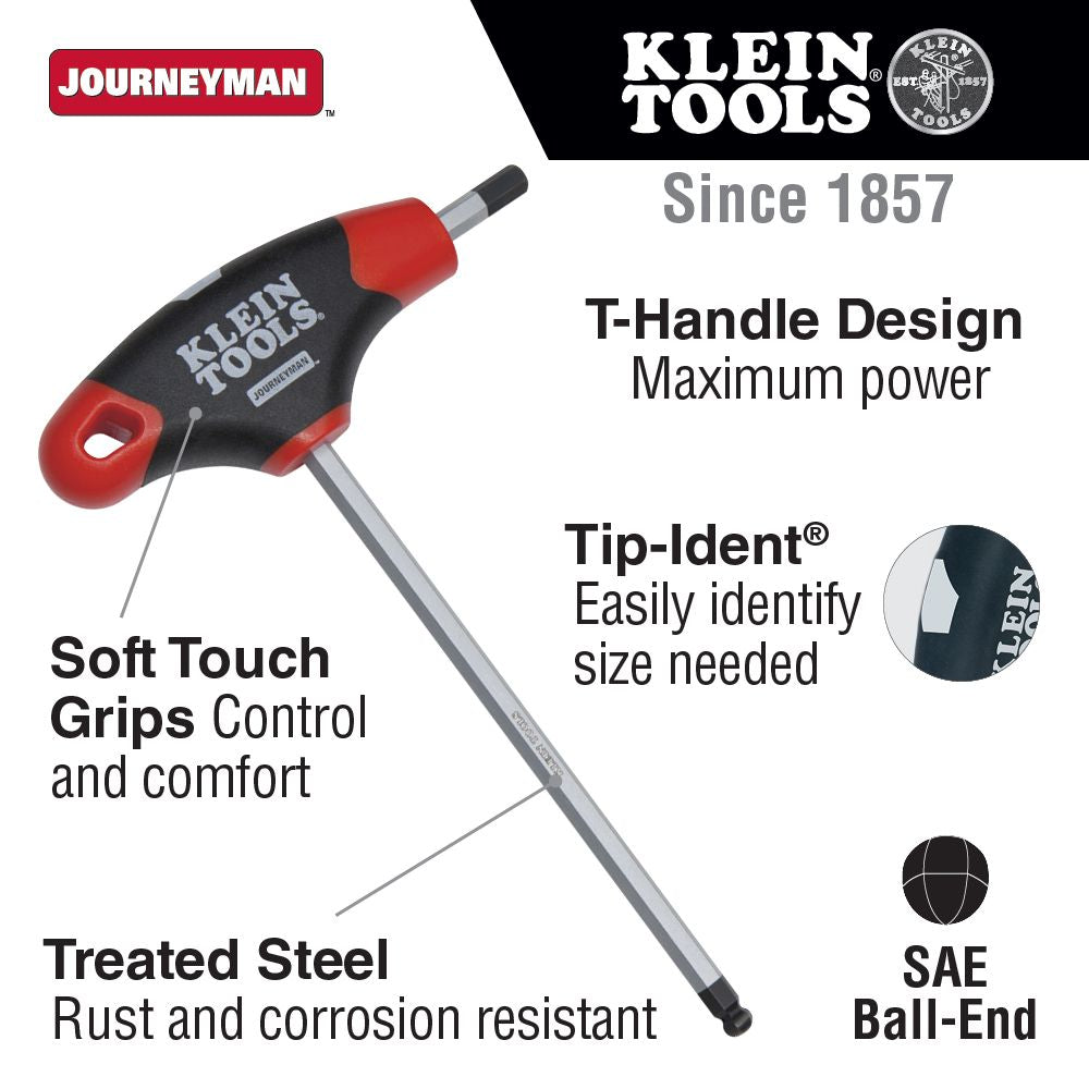 Klein Tools JTH6E12BE 7/32-Inch Ball-End Hex Key, Journeyman™ T-Handle, 6-Inch - Edmondson Supply
