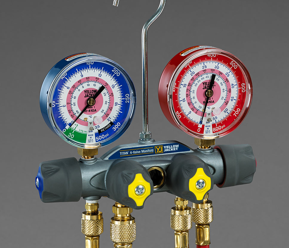 Yellow Jacket 49967 TITAN™ 4-Valve Test & Charging Manifold with 60" PLUS II Hoses - R-22/404A/410A - Edmondson Supply