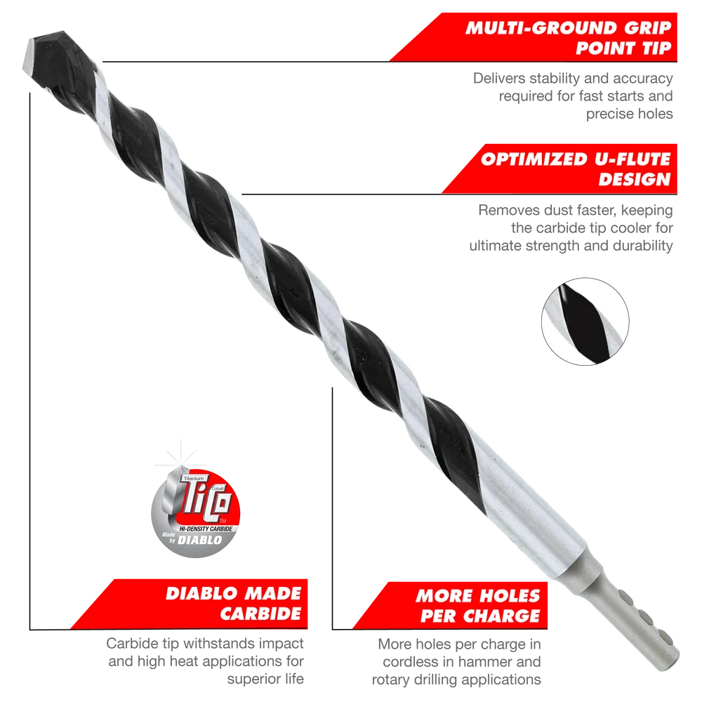 Diablo Tools DMAMM1030 3/16 in. x 4 in. x 6 in. Multi-Material Carbide Tipped Hammer Drill Bit - Edmondson Supply