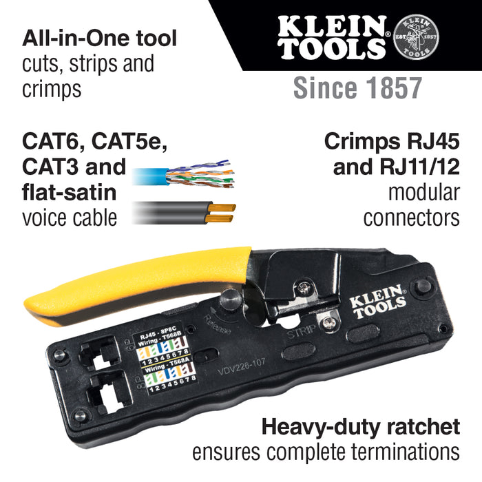 Klein Tools VDV226-107 Ratcheting Data Cable Crimper / Stripper / Cutter, Compact - Edmondson Supply