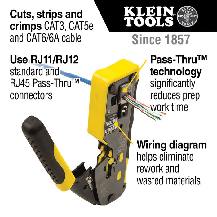 Klein Tools VDV226-110 Ratcheting Cable Crimper / Stripper / Cutter, for Pass-Thru™