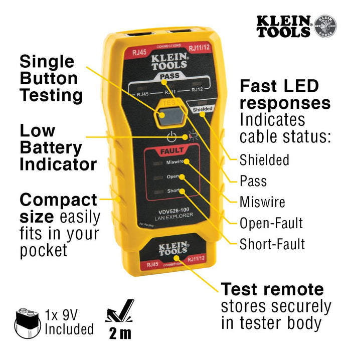 Klein Tools VDV526-100 Network Cable Tester, LAN Explorer® Data Cable Tester with Remote - Edmondson Supply