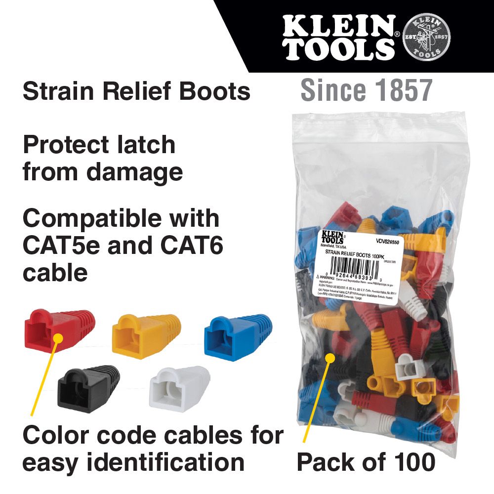 Klein Tools VDV824-650 Strain Relief Boots for RJ45 Data Plugs, CAT5e/CAT6 Cable, 100-Pack - Edmondson Supply