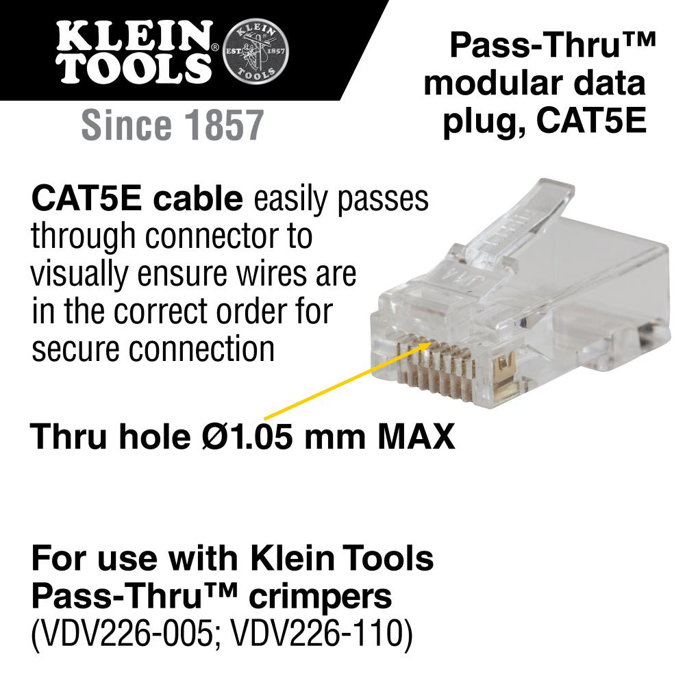 Klein Tools VDV826-702 Pass-Thru™ Modular Data Plug, CAT5E, 50-Pack - Edmondson Supply