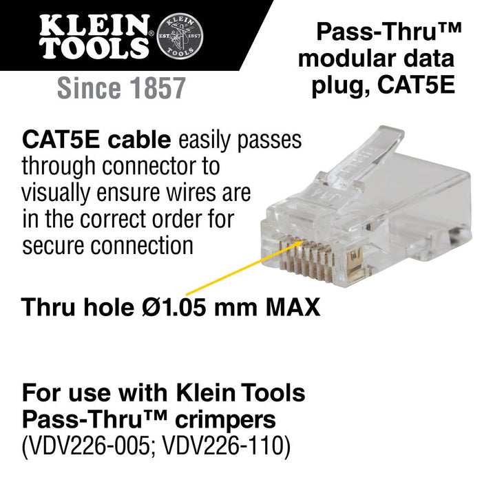 Klein Tools VDV826-702 Pass-Thru™ Modular Data Plug, CAT5E, 50-Pack