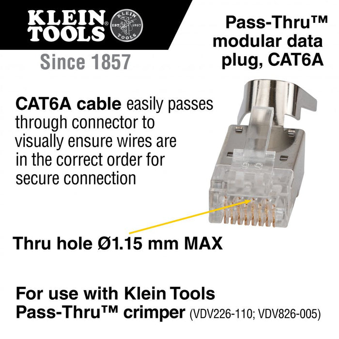 Klein Tools VDV826-754 Pass-Thru™ Modular Data Plug, RJ45-CAT6A, Shielded (STP), 100-Pack