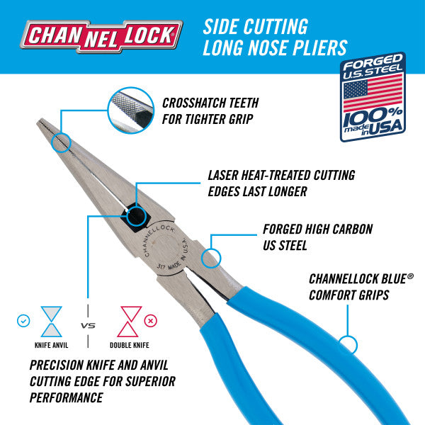 Channellock 317 8-Inch Long Nose Pliers with Side Cutter - Edmondson Supply